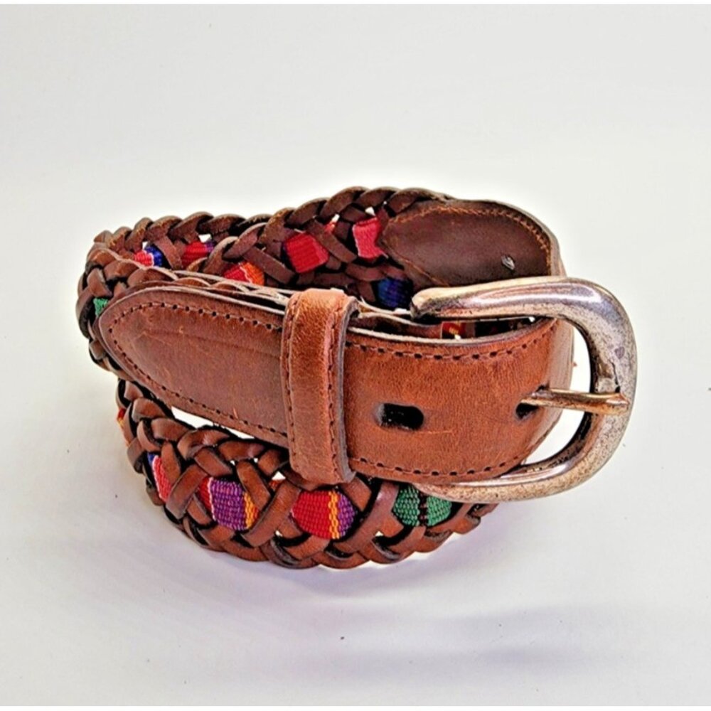Fossil Men’s Brown Leather Belt w/ Multicolor Woven Inlay Silver Buckle Size S